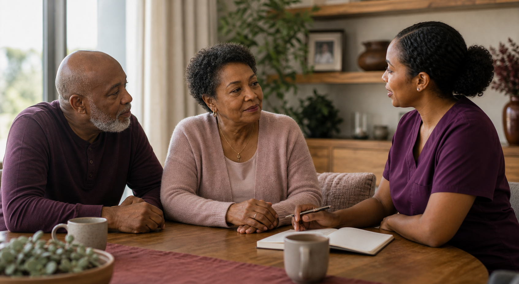 A Black professional caregiver reviewing a care plan with an older Black client and family member at home