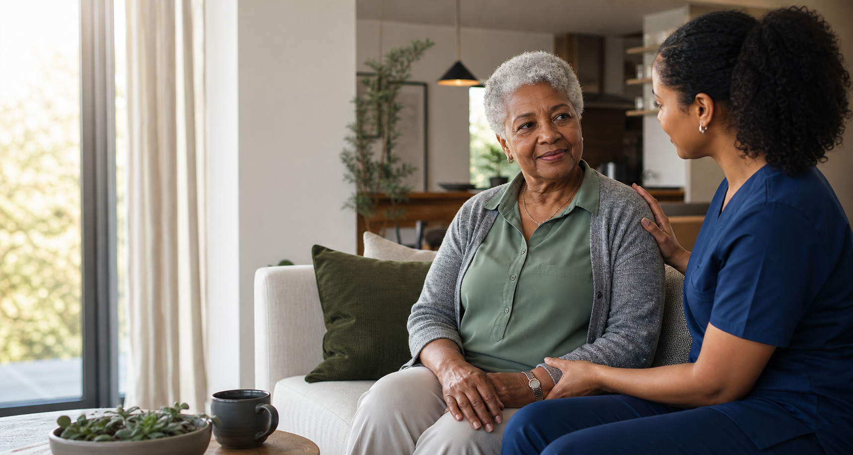 A Black older woman speaking warmly with a professional caregiver in a bright home